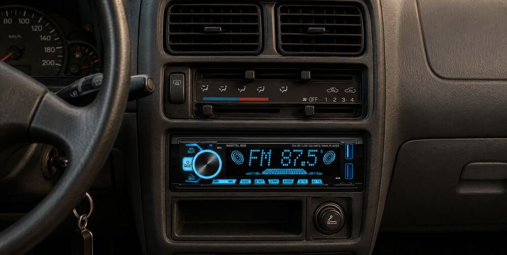 Radio samochodowe z wyświetlaczem pokazującym częstotliwość FM 87.5 oraz przyciskami funkcyjnymi. Obok widoczny jest kolorowy okrąg z napisem \'7 kolorów podświetlenia\'.