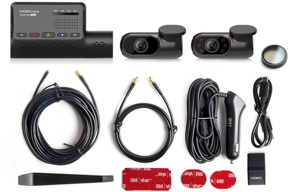 Wideorejestrator VIOFO A139 + kamera tylna + kamera wewnętrzna opakowanie zawartość akcesoria dodatki