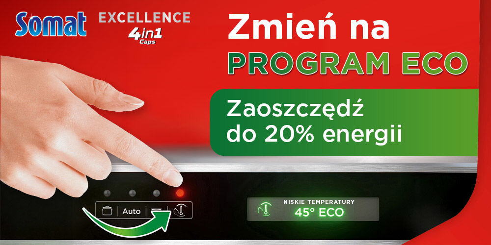 Kapsułki do zmywarki SOMAT Excellence 4w1 - 28 szt. Reklama kapsułek Somat Excellence 4in1 na tle panelu sterowania zmywarki. Ręka naciska przycisk, włączając program niskotemperaturowy 45° ECO. Informacja: Zmień na PROGRAM ECO Zaoszczędź do 20% energii