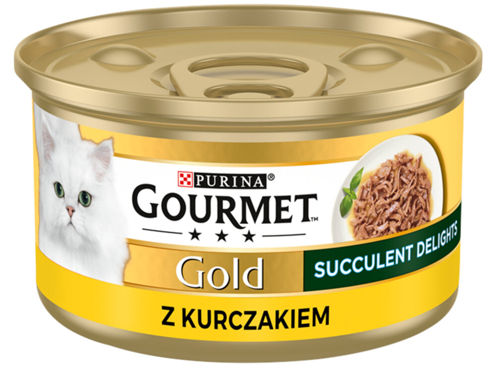 Karma dla kota GOURMET Gold Succulent Delights Kurczak 85 g GOURMET Gold Succulent Delights pełnoporcjowa mokra karma dla dorosłych kotów Soczysta receptura starannie dobrane składniki do prawidłowego funkcjonowania organizmu pełnoporcjowy charakter