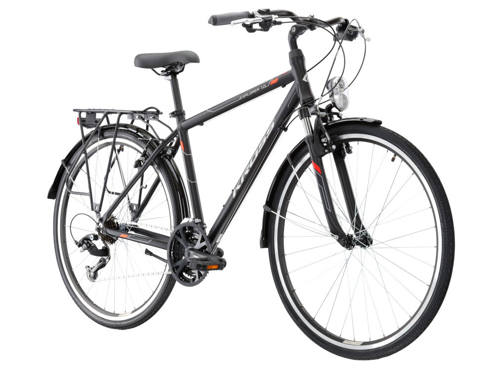 Rower trekkingowy KROSS Explorer 1.0 M21 28 cali męski Czarno-srebrno-czerwony do miasta poza miasto dla mężczyzn komfort jazdy po asfalcie po nieutwardzonych drogach trekkingowa geometriaa w niemęczącej naturalnej wyprostowanej pozycji dobrze trzymając się drogi odpowiednia widoczność kontrola sytuacji