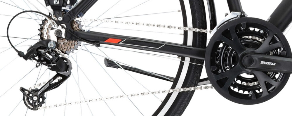 Rower trekkingowy KROSS Explorer 1.0 M21 28 cali męski Czarno-srebrno-czerwony 21 przełożeń trasy o różnym stopniu nachylenia przerzutki na przód i na tył marki SUNRACE lekkie niezawodne rozwiązanie szybka lekka zmiana przełożeń
