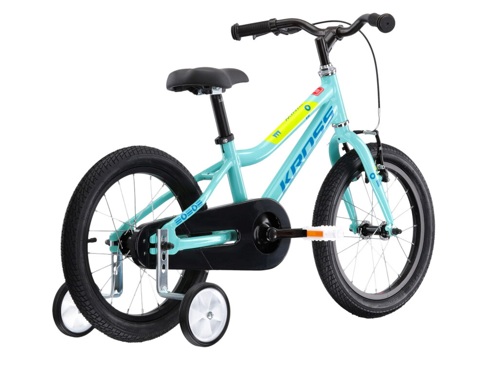 Rower dziecięcy KROSS Mini 4.0 16 cali dla dziewczynki Seledynowo-niebiesko-limonkowy radość płynącą z jazdy pełne bezpieczeństwo dla dziewczynek w wieku od 4 do 6 lat efektywna nauka jazdy szlifowanie umiejętności stabilny