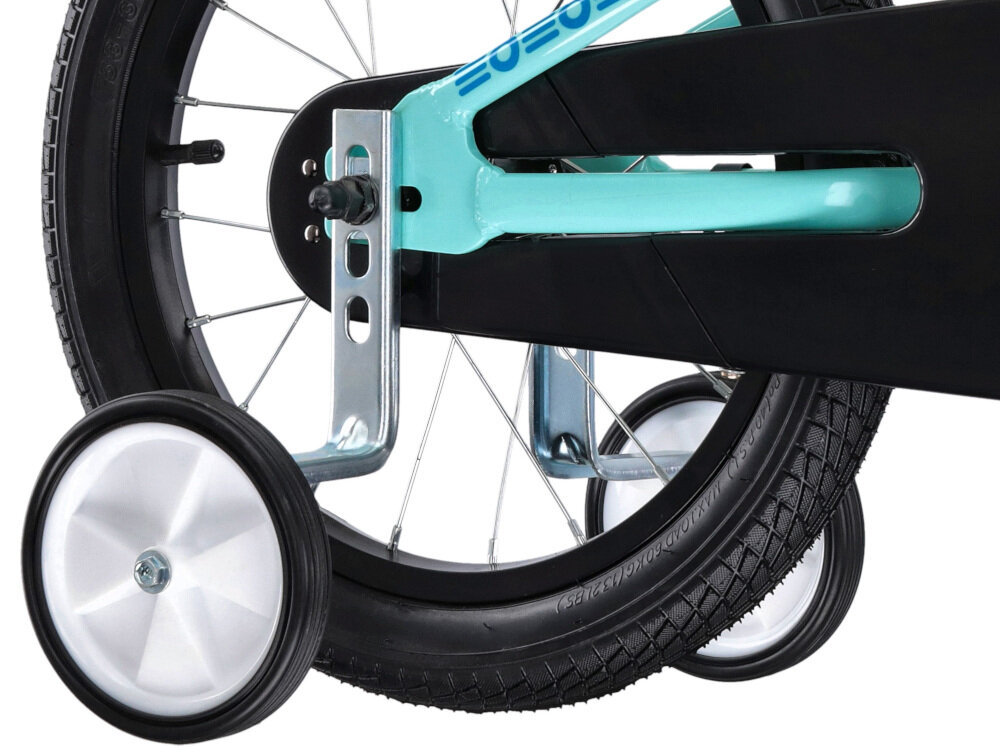 Rower dziecięcy KROSS Mini 4.0 16 cali dla dziewczynki Seledynowo-niebiesko-limonkowy koła 16-calowe kółka boczne asekurują dziecko w początkowej fazie nauki łańcuch bezpiecznie ukryty pod stylową osłoną regularne sprawdzanie ciśnienia powietrza wartość na bocznej części opony