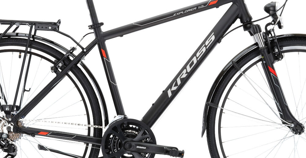 Rower trekkingowy KROSS Explorer 1.0 M19 28 cali męski Czarno-srebrno-czerwony rama aluminiowa 19-calowa zwinny lekki odporny na korozję kalkulator rozmiaru ramy dla osób o wzroście od 174 do 180 cm