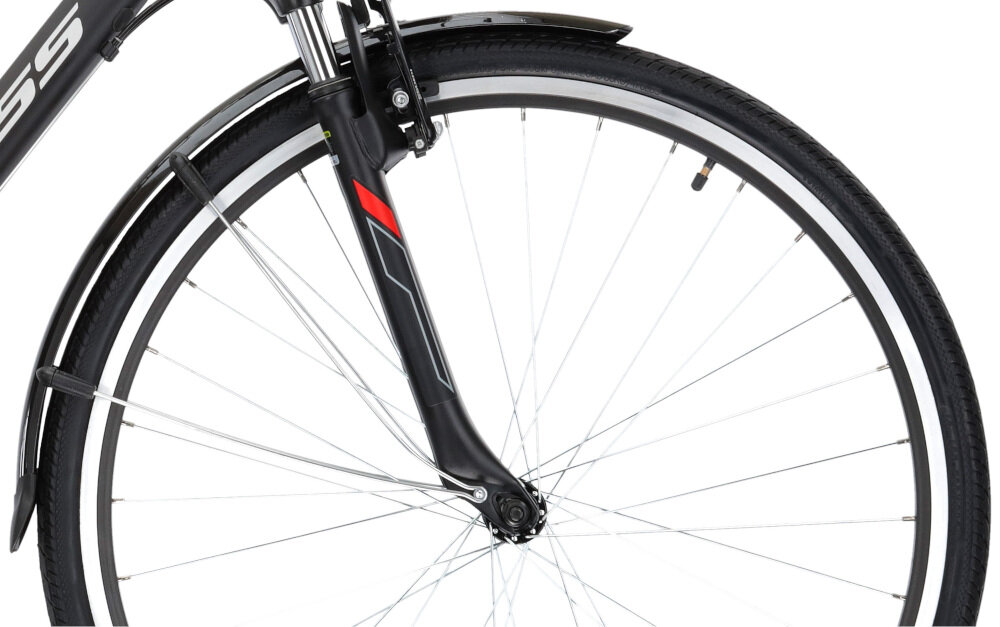 Rower trekkingowy KROSS Explorer 1.0 M19 28 cali męski Czarno-srebrno-czerwony koła rozmiar 28 cali łatwiej pokonoać przeszkody większy kontakt koła z podłożem szerokie opony marki WANDA dobra przyczepność regularne sprawdzanie ciśnienia powietrza wartość na bocznej części opony