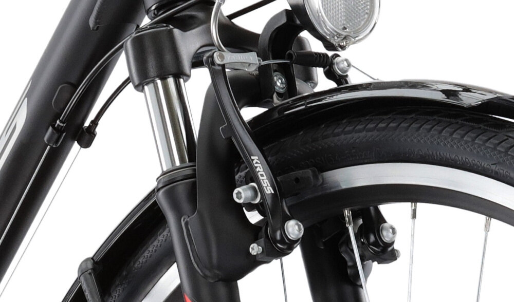 Rower trekkingowy KROSS Explorer 1.0 M19 28 cali męski Czarno-srebrno-czerwony rower typu hardtail przedni amortyzator marki HL Corp ułatwia najeżdżanie na przeszkody niweluje wstrząsy na kierownicy niska masa roweru duża sztywność