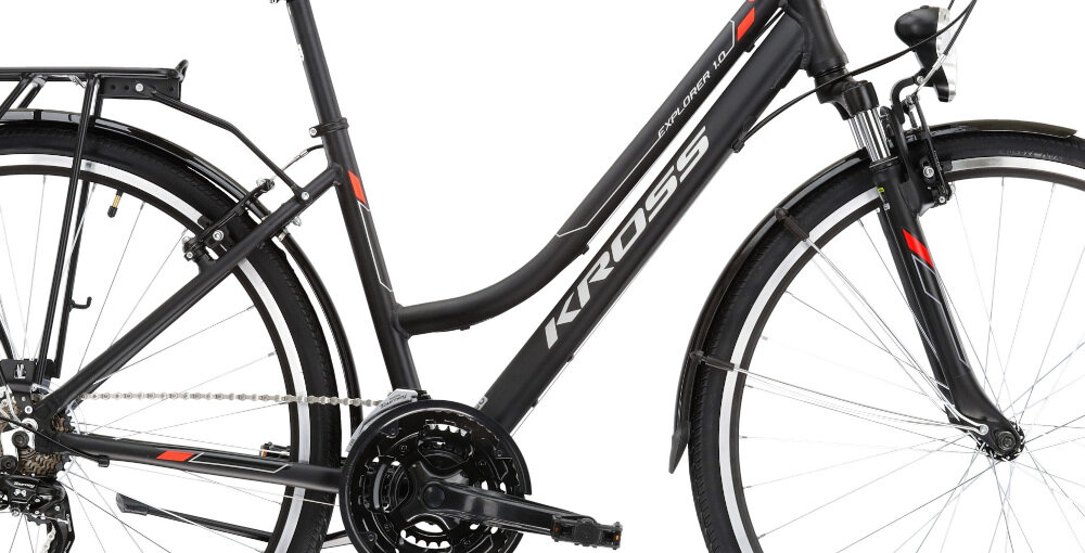 Rower trekkingowy KROSS Explorer 1.0 D19 28 cali damski Czarno-srebrno-czerwony rama aluminiowa 19-calowa bardzo zwinny lekki łatwo podnieść odporny na korozję kalkulator rozmiaru ramy dla osób o wzroście od 174 do 180 cm