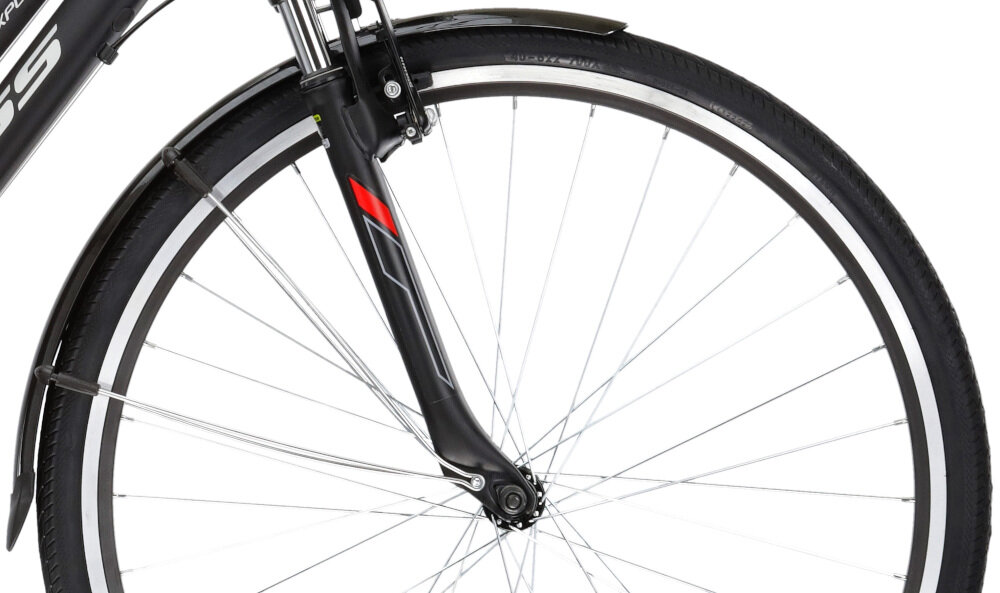 Rower trekkingowy KROSS Explorer 1.0 D19 28 cali damski Czarno-srebrno-czerwony koła 28-calowe łatwiej pokanać przeszkody większy kontakt z podłożem szerokie opony marki WANDA regularne sprawdzanie ciśnienia powietrza wartość na bocznej części opony