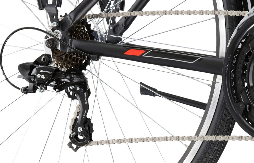 Rower trekkingowy KROSS Explorer 1.0 D19 28 cali damski Czarno-srebrno-czerwony 21 biegó łatwo pokonuje się trasy o różnym stopniu nachylenia przerzutka przednia SHIMANO tylna przerzutka SHIMANO Tourney szybka lekka zmiana przełożeń