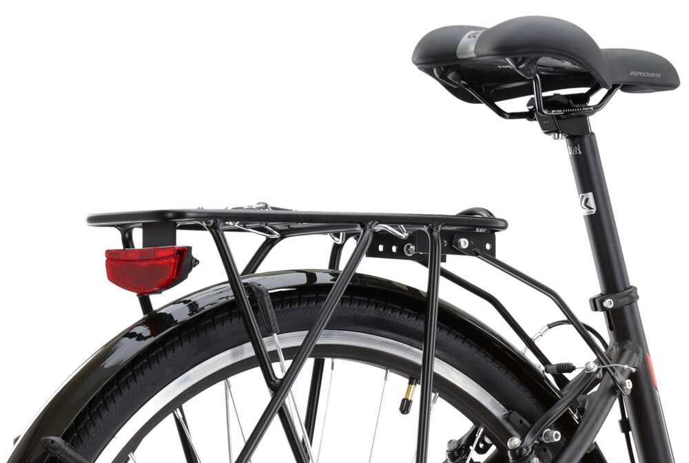 Rower trekkingowy KROSS Explorer 1.0 D19 28 cali damski Czarno-srebrno-czerwony bagażnik można przymocować fotelik dziecięcy torbę kosz