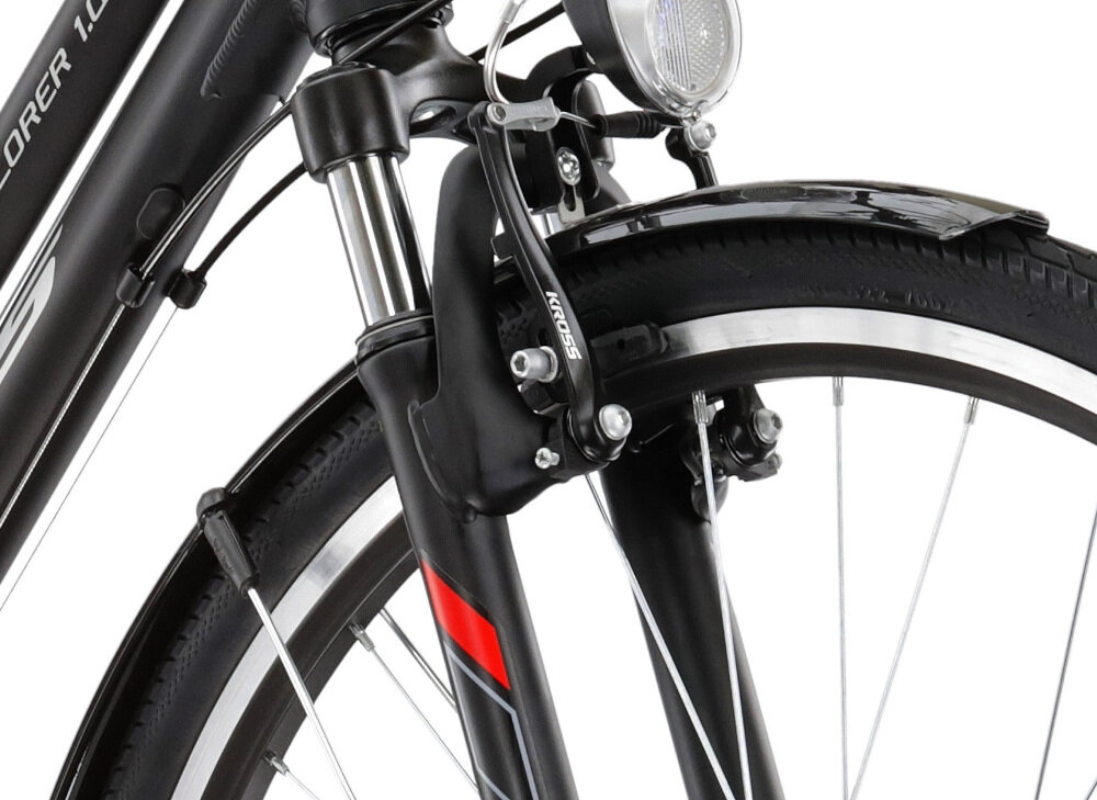 Rower trekkingowy KROSS Explorer 1.0 D19 28 cali damski Czarno-srebrno-czerwony rower typu hardtail przedni amortyzator marki Hl Corp ułatwia najeżdżanie na przeszkody niweluje wstrząsy na kierownicy niska masa roweru duża sztywność