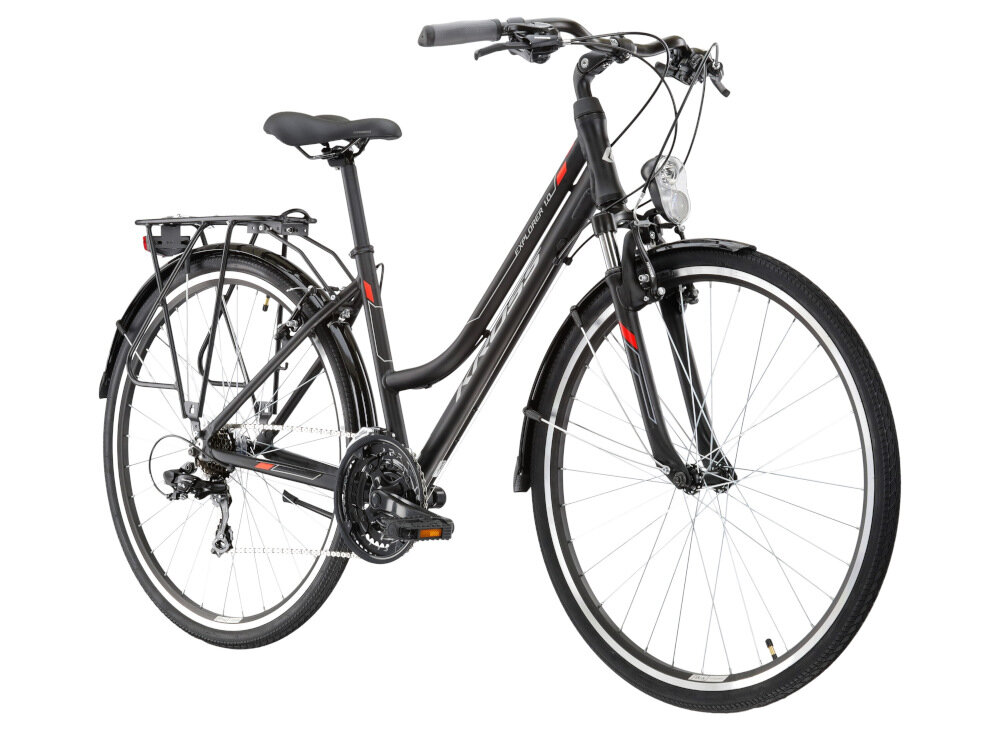 Rower trekkingowy KROSS Explorer 1.0 D19 28 cali damski Czarno-srebrno-czerwony do miasta i poza miasto dla kobiet po asfalcie na nieutwardzonych drogach trekkingowa geometria jazda w niemęczącej naturalnej wyprostowanej pozycji odpowiednia widoczność