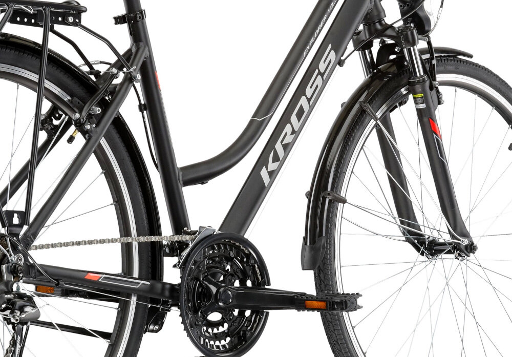 Rower trekkingowy KROSS Explorer 1.0 D19 28 cali damski Czarno-srebrno-czerwony rama aluminiowa 19-calowa bardzo zwinny lekki łatwo podnieść odporny na korozję kalkulator rozmiaru ramy dla osób o wzroście od 174 do 180 cm