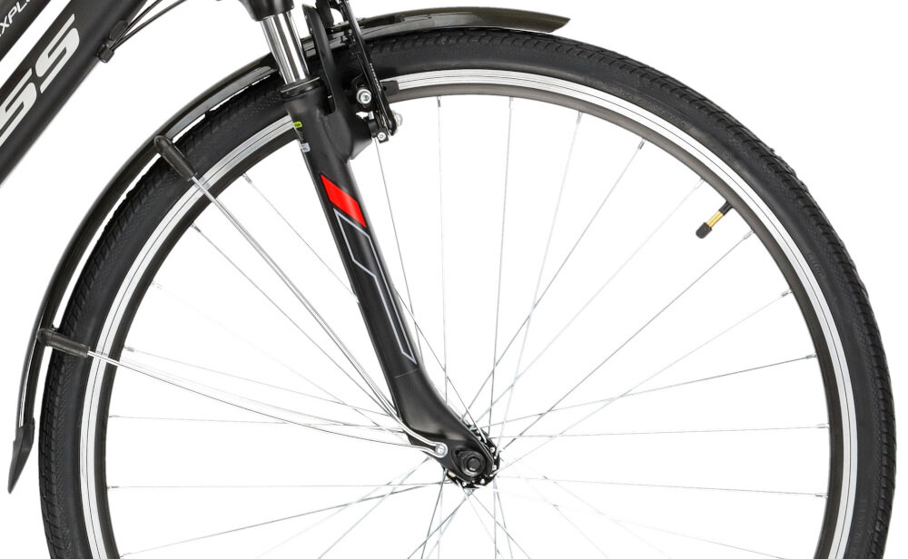 Rower trekkingowy KROSS Explorer 1.0 D19 28 cali damski Czarno-srebrno-czerwony koła 28-calowe łatwiej pokanać przeszkody większy kontakt z podłożem szerokie opony marki WANDA regularne sprawdzanie ciśnienia powietrza wartość na bocznej części opony