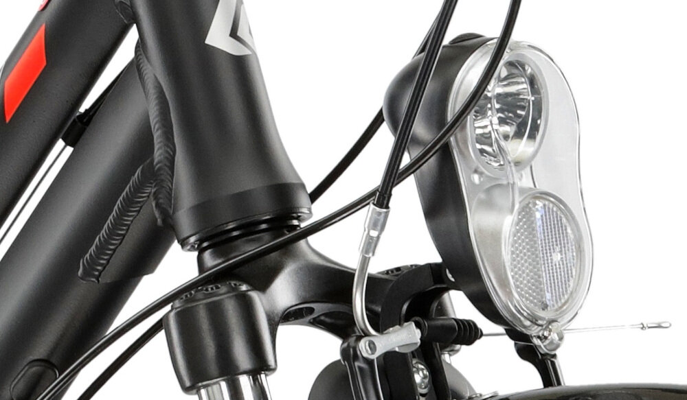 Rower trekkingowy KROSS Explorer 1.0 D19 28 cali damski Czarno-srebrno-czerwony oświetlenie LED przednie tylne doskonała widoczność bezpieczeństwo na drodze