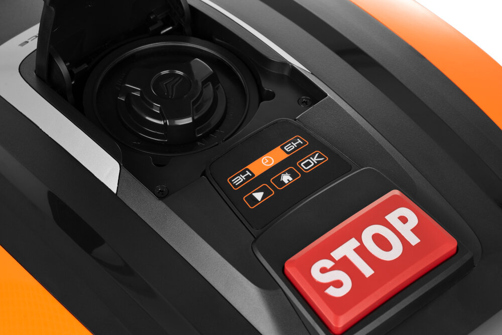 Robot koszący YARD FORCE YF-RE260 sterowanie Bluetooth czujnik podniesienia przycisk awaryjny STOP natychmiastowe zatrzymanie robota