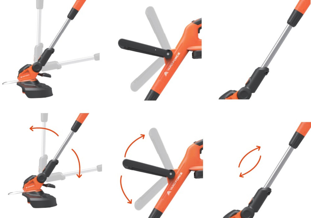 Podkaszarka akumulatorowa YARD FORCE YF-LTC25 konstrukcja z wysokiej jakości tworzywa sztucznego niska waga 2,7 kg wygodny ergonomiczny uchwyt rękojeść pomocnicza z beznarzędziową regulacją regulowana głowica w zakresie d 0 do 90 stopni teleskopowa konstrukcja