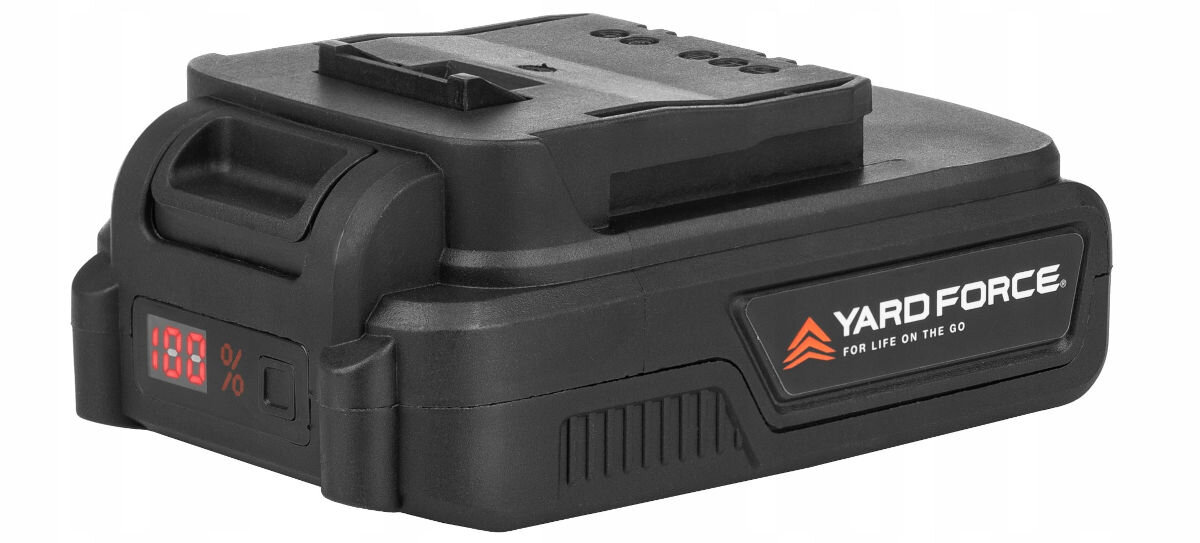 Akumulator YARD FORCE YF-ALC20B 2.0 Ah 20V, ładowanie, zasilanie, uniwersalność, narzędzia, na białym tle akumulator frontem prawo skos