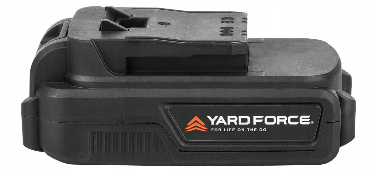 Akumulator YARD FORCE YF-ALC20B 2.0 Ah 20V, napięcie, ogniwo, pojemność, system, na białym tle akumulator bokiem prawo