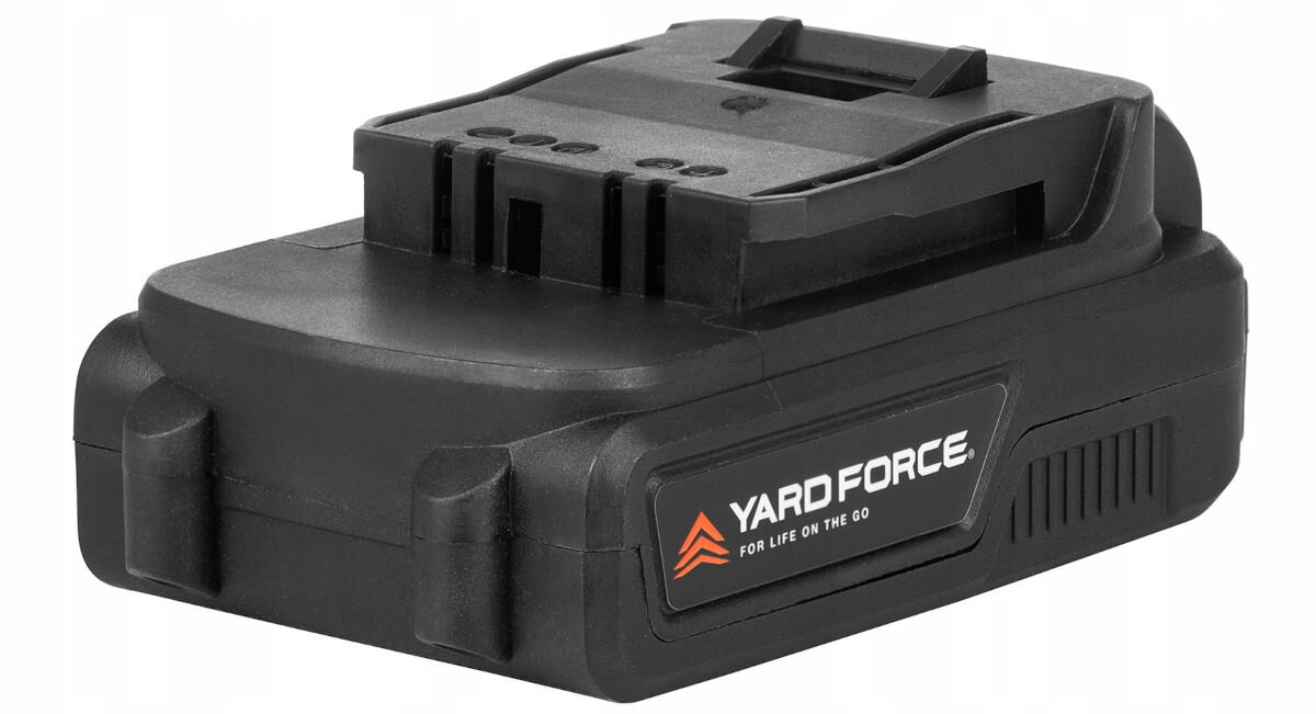Akumulator YARD FORCE YF-ALC20B 2.0 Ah 20V, kompatybilne, ładowanie, czas, zasilanie, na białym tle tył akumulatora prawo skos