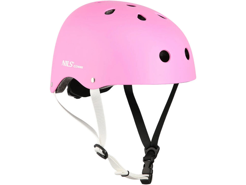 Kask NILS EXTREME MTW001 Różowy (rozmiar M) kask zwrócony skosem do przodu widoczne otwory wentylacyjne logo pasek zapinany pod brodą