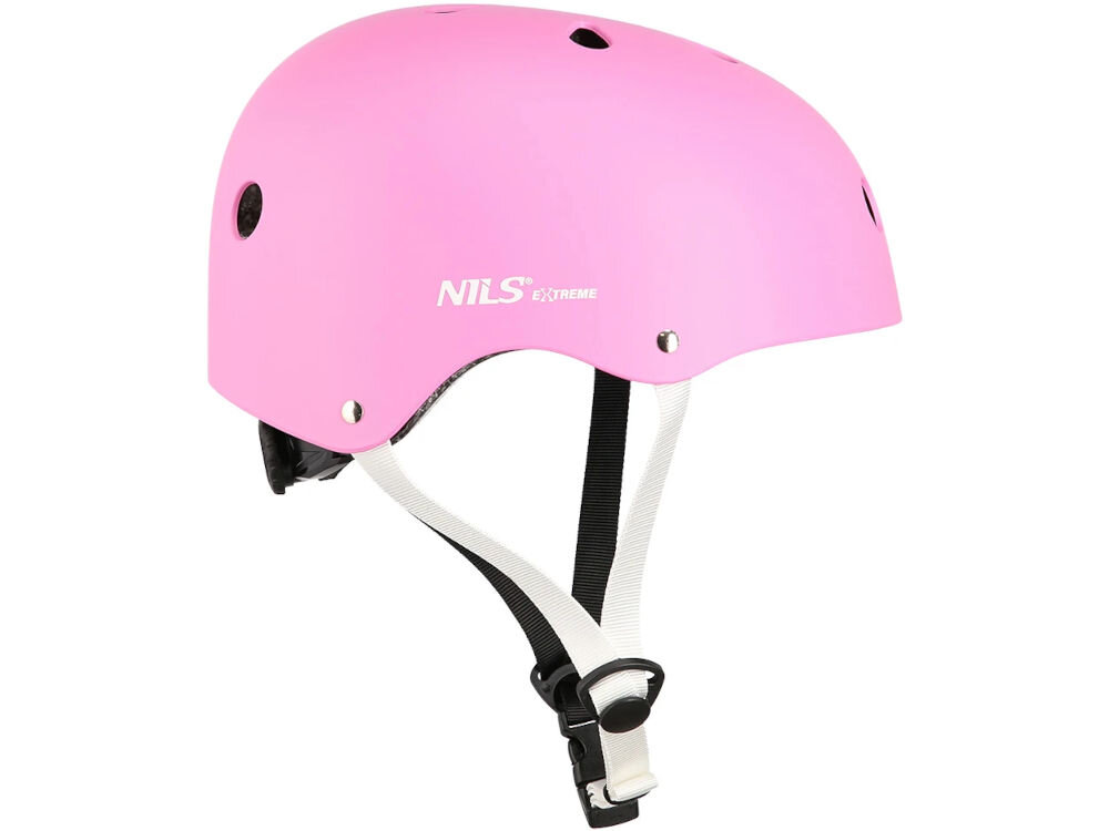 Kask NILS EXTREME MTW001 Różowy (rozmiar M) odwrócony bokiem zapięcie pod brodą otwory wentylacyjne skorup abs norma EN 1078:2012+A1