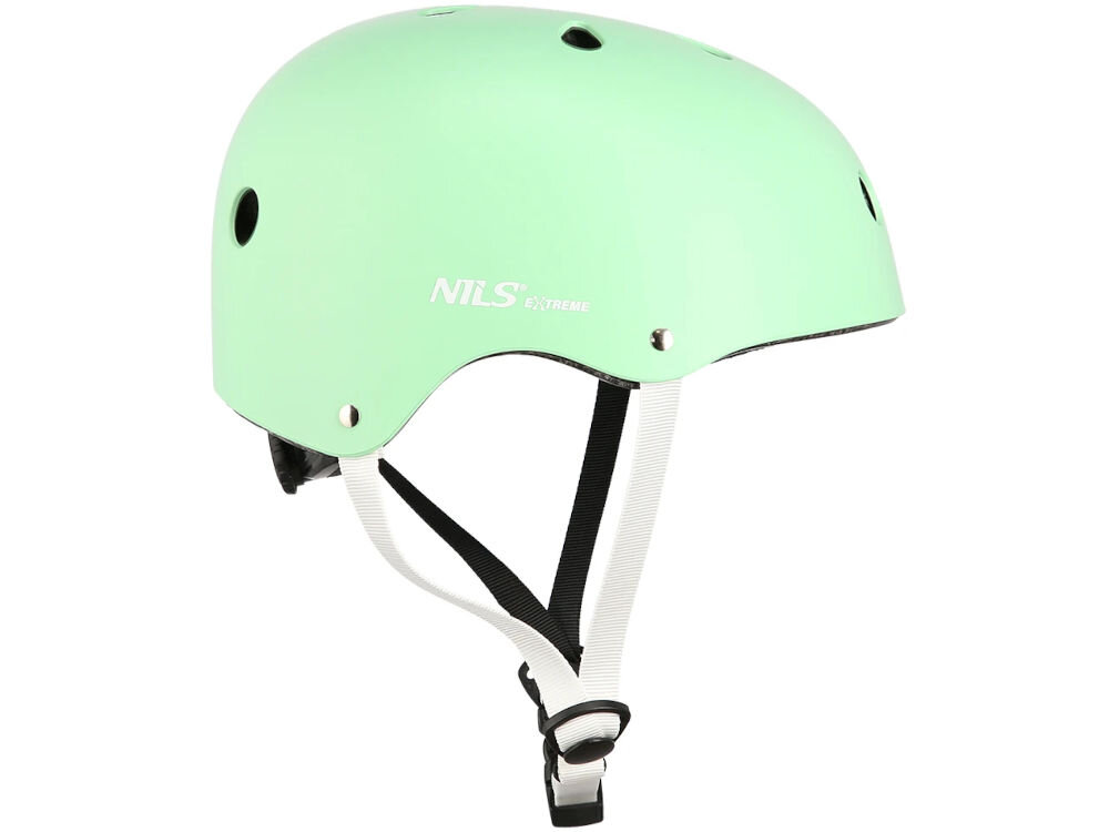 Kask NILS EXTREME MTW001 Miętowy (rozmiar S) odwrócony bokiem zapięcie pod brodą otwory wentylacyjne skorup abs norma EN 1078:2012+A1