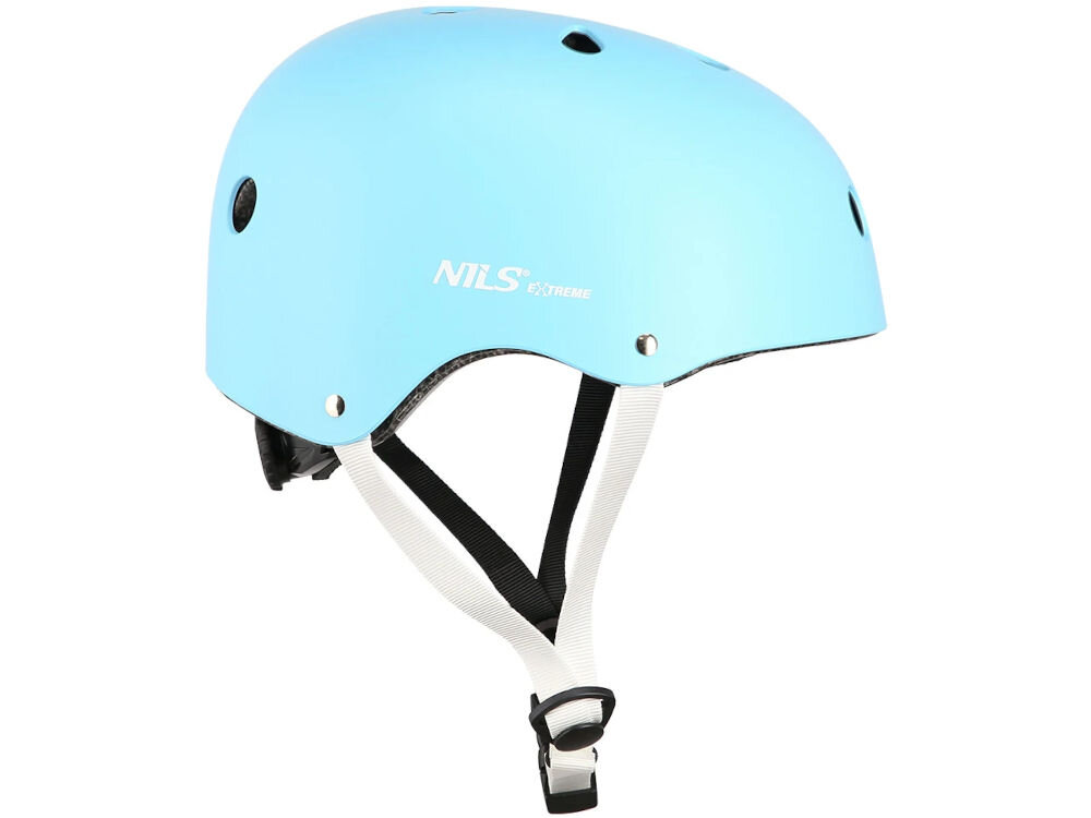 Kask NILS EXTREME MTW001 Niebieski (rozmiar S) odwrócony bokiem zapięcie pod brodą otwory wentylacyjne skorup abs norma EN 1078:2012+A1