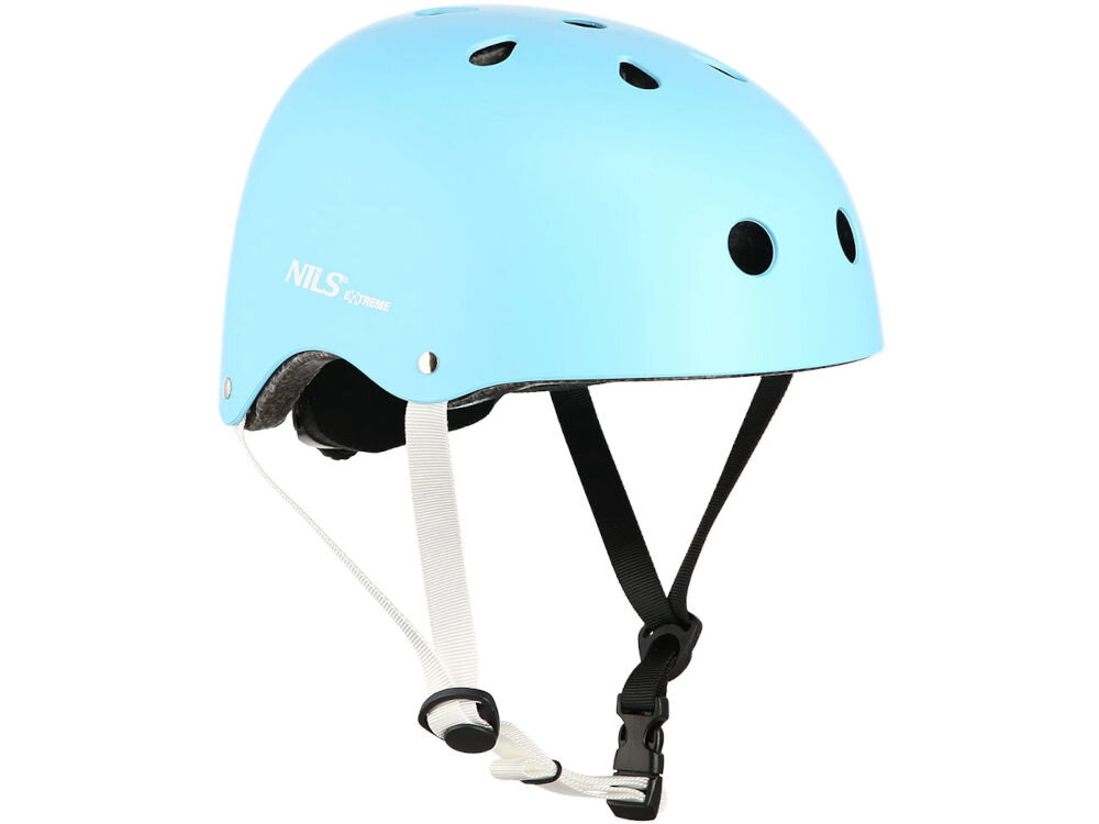 Kask NILS EXTREME MTW001 Niebieski (rozmiar L) kask zwrócony skosem do przodu widoczne otwory wentylacyjne logo pasek zapinany pod brodą