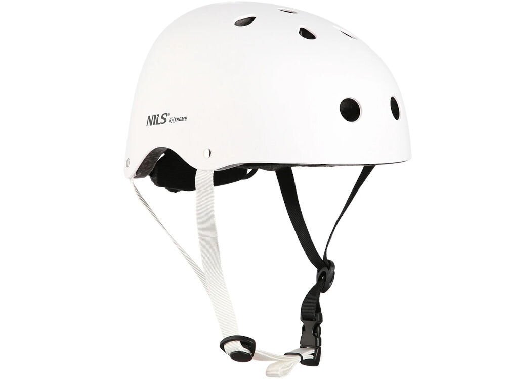 Kask NILS EXTREME MTW001 Biały (rozmiar M) kask zwrócony skosem do przodu widoczne otwory wentylacyjne logo pasek zapinany pod brodą