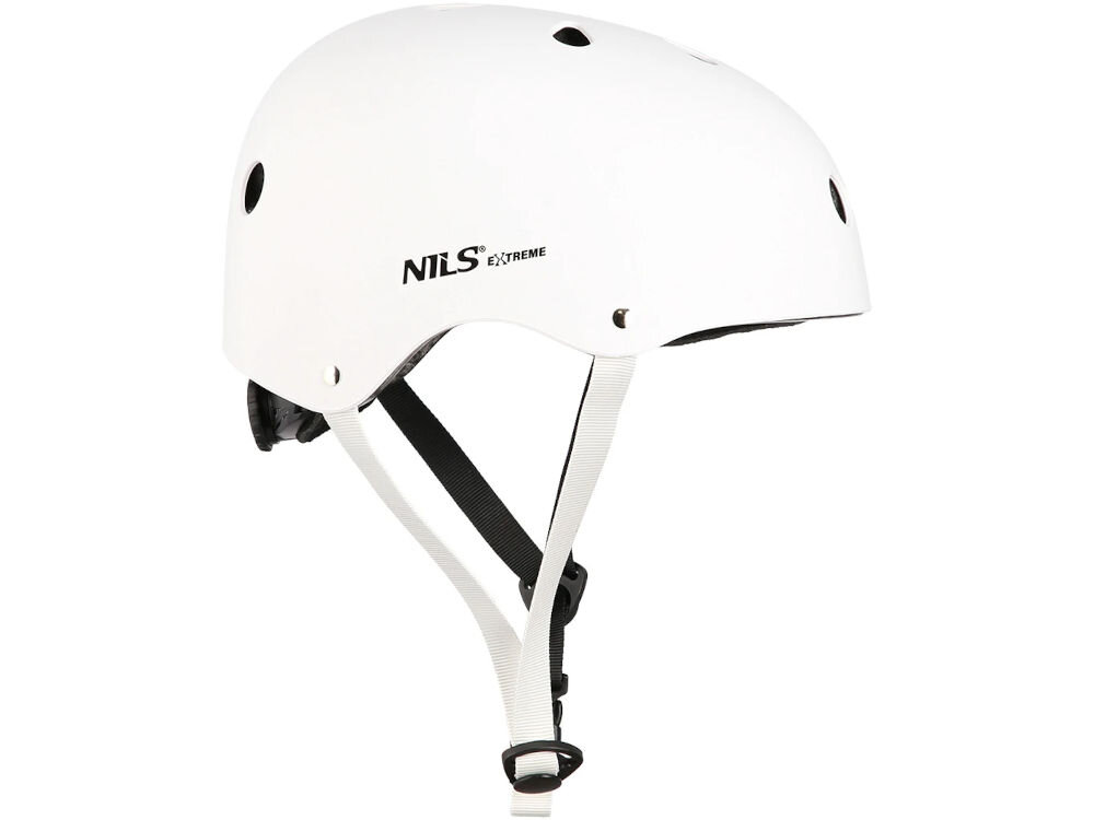 Kask NILS EXTREME MTW001 Biały (rozmiar L) odwrócony bokiem zapięcie pod brodą otwory wentylacyjne skorup abs norma EN 1078:2012+A1