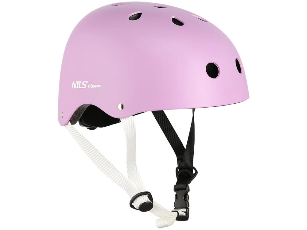 Kask NILS EXTREME MTW001 Fioletowy (rozmiar S) kask zwrócony skosem do przodu widoczne otwory wentylacyjne logo pasek zapinany pod brodą