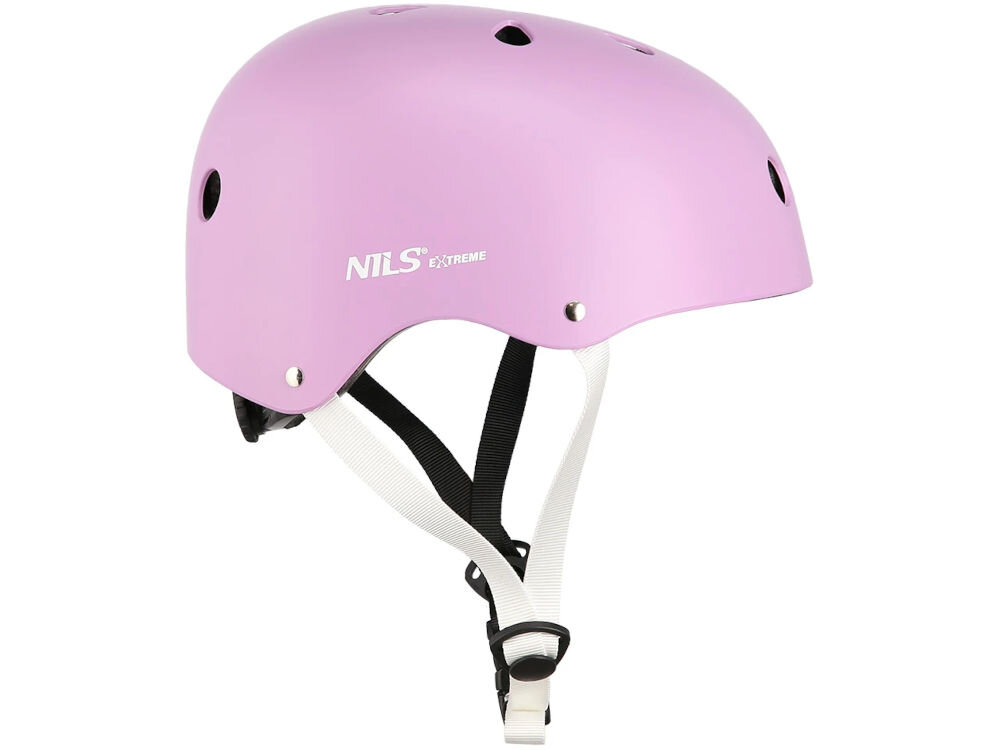 Kask NILS EXTREME MTW001 Fioletowy (rozmiar S) odwrócony bokiem zapięcie pod brodą otwory wentylacyjne skorup abs norma EN 1078:2012+A1