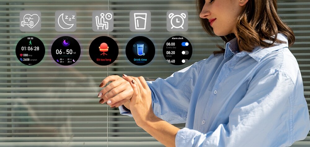 Smartband BEMI VERFIT wyświetlacz dopasowanie tarcza zdrowie saturacja krwi ciśnienie krwi sen monitoring oddech cykl menstruacyjny powiadomienia wiadomości alarmy jakość tryby sportowe długa praca