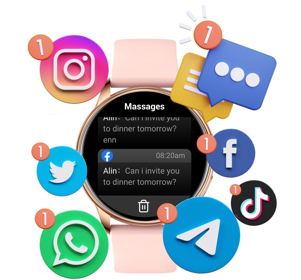 Smartwatch BEMI Trevio wyświetlacz dopasowanie tarcza zdrowie saturacja krwi ciśnienie krwi sen monitoring oddech cykl menstruacyjny powiadomienia wiadomości alarmy jakość tryby sportowe długa praca