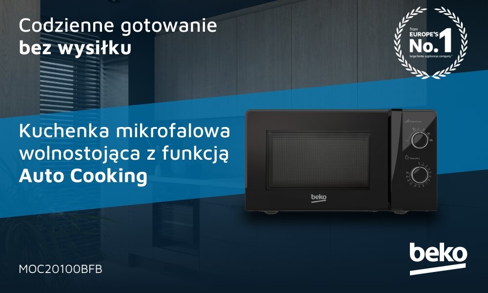 Obraz przedstawia czarną kuchenkę mikrofalową z funkcją Auto Cooking, z logo beko. Na obrazie widnieje tekst: \'Codzienne gotowanie bez wysiłku\', \'Kuchenka mikrofalowa wolnostojąca z funkcją Auto Cooking\', \'MOC20100BFB\'.
