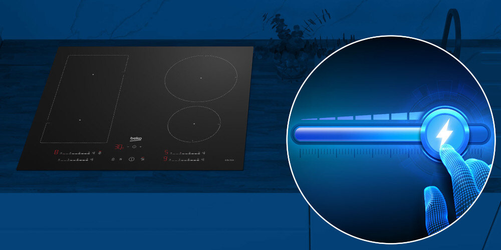 Płyta indukcyjna BEKO HII64200SMT Power Managment moc dostosowanie mocy bez przeciążenia sieci 9 poziomów poboru energii