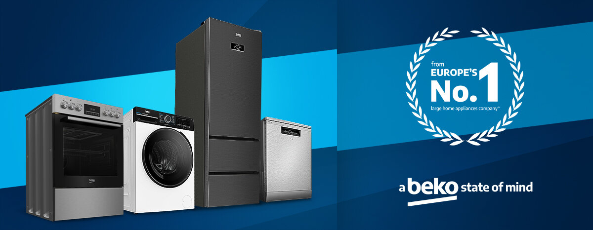 PŁYTA BEKO HII64822SUFT BPRO 500 Na grafice po lewej stronie widać rodzinę przy lodówce: kobieta stoi z założonymi rękami, a mężczyzna i grupa dzieci zaglądają do otwartych drzwi urządzenia. Po prawej stronie na granatowym tle umieszczono hasło „Siła spokoju w Twoim domu a beko state of mind” oraz znak „Europe’s No.1” w laurowym wieńcu Beko AGD wygoda w domu zaawansowana technologia komfort użytkowania