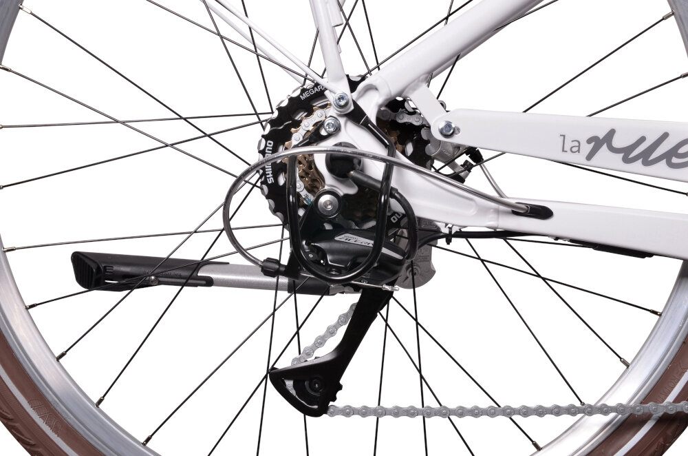 Rower elektryczny INDIANA La Rue D18 28 cali damski Biały mat manetki SHIMANO SL-TX50 7 biegów przerzutka tylna SHIMANO Acera duża wytrzymałość sprawne działanie płynna zmiana biegów