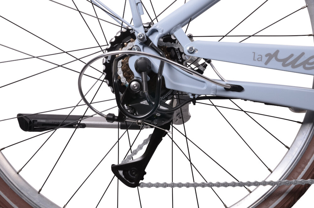 Rower elektryczny INDIANA La Rue D18 28 cali damski Niebieski mat manetki SHIMANO SL-TX50 7 biegów przerzutka tylna SHIMANO Acera duża wytrzymałość sprawne działanie płynna zmiana biegów
