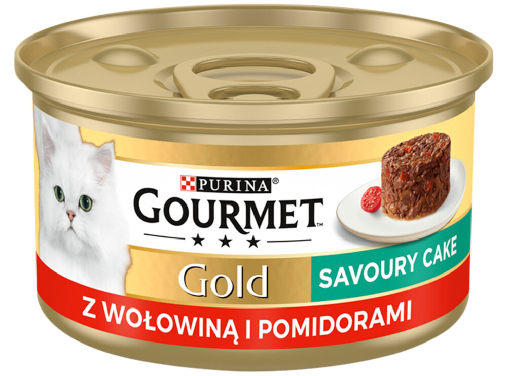 Karma dla kota GOURMET Gold Savoury Cake Wołowina z pomidorami 85 g GOURMET Gold Savoury Cake z wołowiną i pomidorami mokra karma dla kotów kawałki mięsa z dodatkiem warzyw i delikatnego sosu dla kotów aromatyczne jedzenie zróżnicowane doznania smakowe