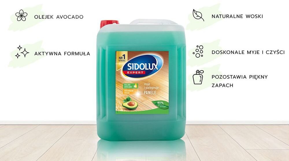 Płyn do mycia podłóg SIDOLUX Expert Awokado 5000 ml, Olej awokado, woski, odżywienie, połysk, Duży kanister płynu z opisem składników i zalet.