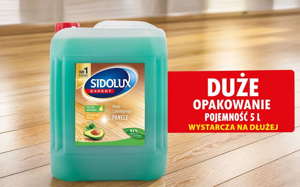 Płyn do mycia podłóg SIDOLUX Expert Awokado 5000 ml, Ekonomia, zapas, wygoda, ekologia, Pięciolitrowe opakowanie płynu do mycia podłóg.