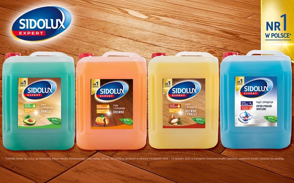 Płyn do mycia podłóg SIDOLUX Expert Awokado 5000 ml, Expert+, dopasowanie, pielęgnacja, ochrona, Cztery warianty płynu do mycia podłóg w kanistrach.