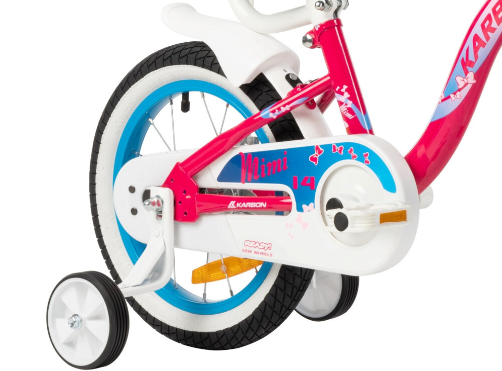 Rower dziecięcy KARBON Mimi 14 cali dla dziewczynki Różowo-niebieski koła 14-calowe boczne kółka asekurują dziecko stylowa osłona łańducha błotniki regularne sprawdzanie ciśnienia powietrza wartość na bocznej części opony