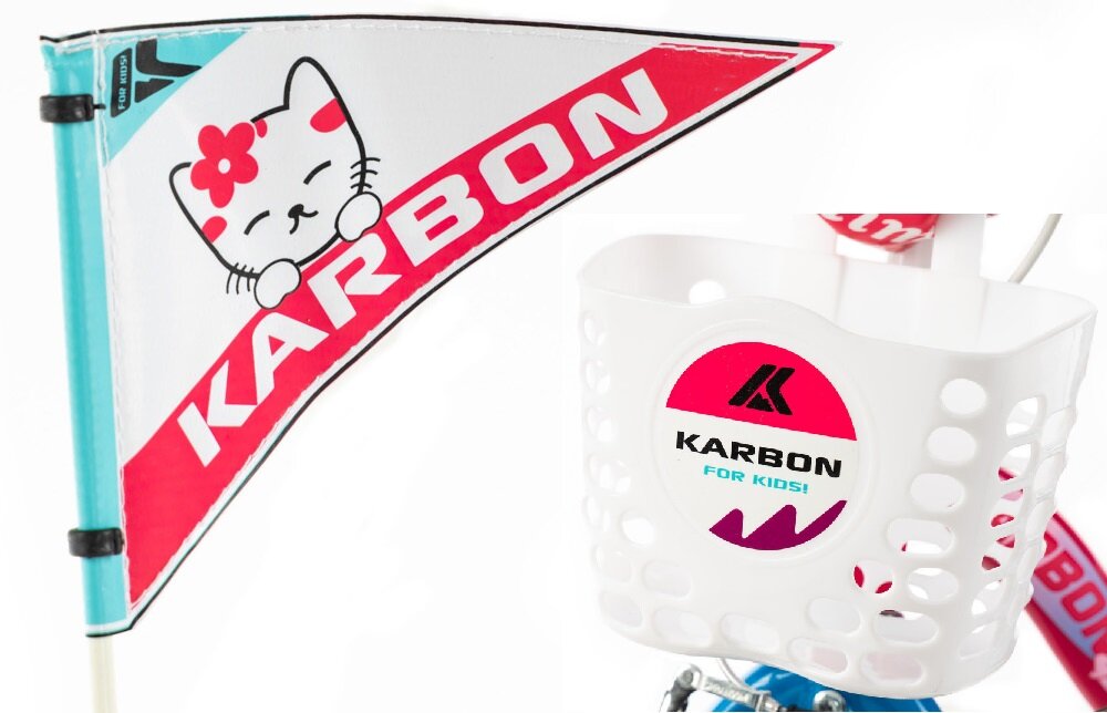 Rower dziecięcy KARBON Mimi 14 cali dla dziewczynki Różowo-niebieski różówy kolor z niebiesko-białymi akcentami dekoracyjna flaga koszyk