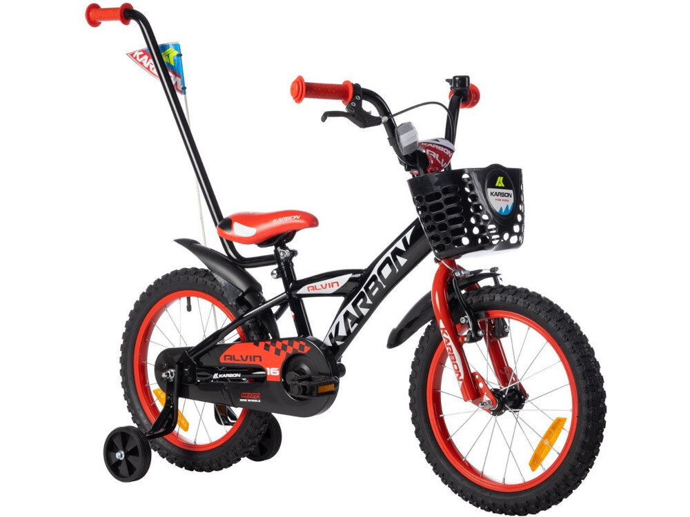 Rower dziecięcy KARBON Alvin 16 cali dla chłopca Czarno-czerwony radość płynącą z jazdy pełne bezpieczeństwo dla chłopców w wieku od 4 do 6 lat efektywna nauka jazdy szlifowanie umiejętności stabilny