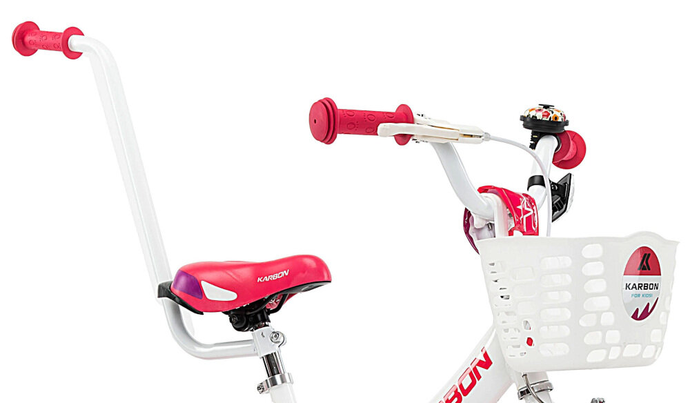 Rower dziecięcy KARBON Star 14 cali dla dziewczynki Biały biały kolor z różowymi akcentami nowoczesny kształt koszyk pałąk prowadzący dla rodzica