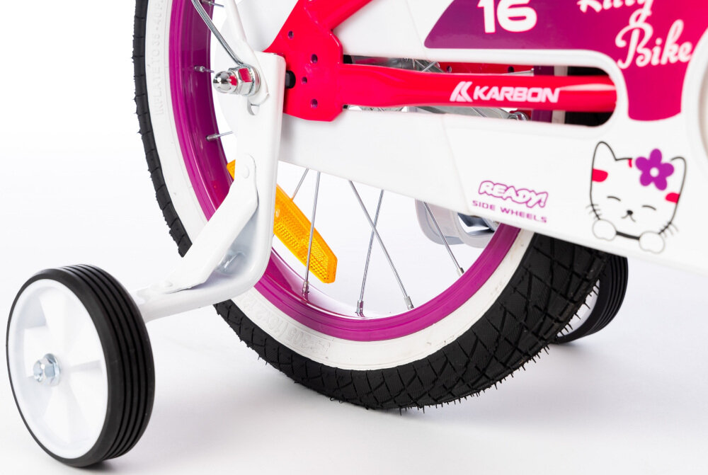 Rower dziecięcy KARBON Kitty 16 cali dla dziewczynki Różowo-biały koła regularne sprawdzanie ciśnienia powietrza - calowe boczne kółka asekurują dziecko stylowa osłona łańducha wartość na bocznej części opony
